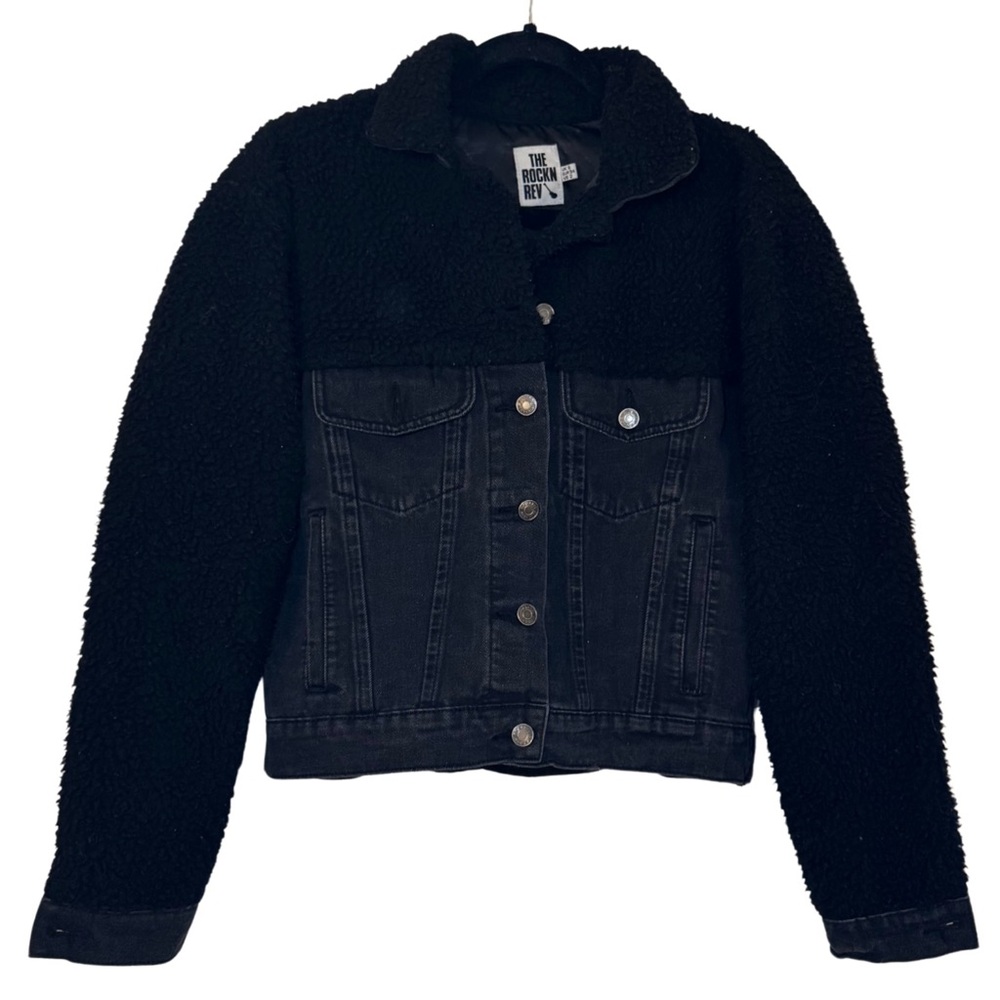 The Rockn Rev | Black Textured Faux Fur Denim Jacket | Size Small